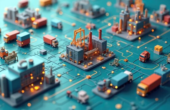 Miniature factories, trucks, containers sit on tech circuit board. Connected industrial system, global supply chain, logistics network. Data flows between buildings, vehicles. Modern manufacturing,
