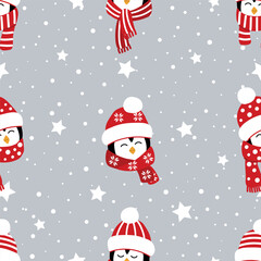 Christmas Background. Seamless Pattern with Cute Penguins Heads, Stars, Snow. Vector illustration in Red, White on Gray Background