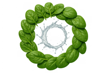 Spinach leaves forming a fresh green circle with a vibrant water splash in the center, transparent background