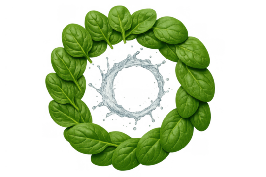 Spinach leaves forming a fresh green circle with a vibrant water splash in the center, transparent background