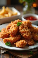 Fototapeta premium Crispy fried chicken strips piled high on a white plate. Served with ketchup and french fries. Delicious fast food meal perfect for dinner or lunch.