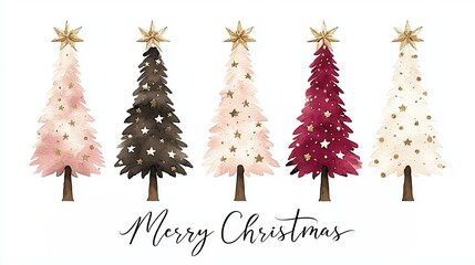 Colorful watercolor Christmas trees with stars and the text Merry Christmas for festive holiday decorations
