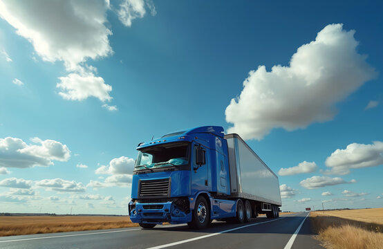 Blue truck travels on empty highway through rural fields under blue sky with clouds. The vehicle appears intact and in motion on the asphalt road.