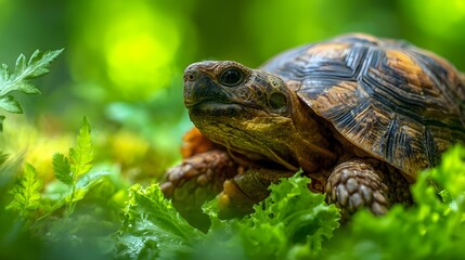 Close up of a small turtle on green lettuce with a blurred background.