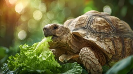 Obraz premium Close up of a Sulcata tortoise eating fresh green lettuce outdoors.