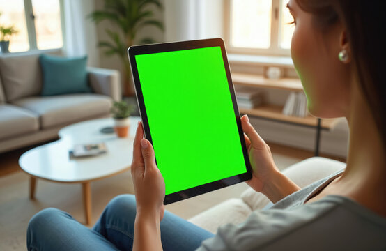 Woman holds tablet with green screen in living room. She uses device for browsing online content or working from home. Easy to add custom visuals.