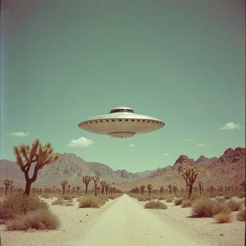 Retro flying saucer hovers over desert road lined with Joshua trees. Mountains rise in background under clear sky. Vintage sci fi scene evokes alien mystery and exploration of unknown.