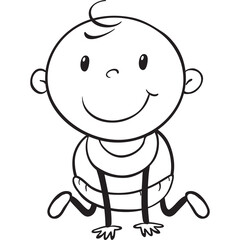 Simple Line Art Drawing Of A Smiling Baby Wearing A Bib With Suspenders Sitting Down Isolated On A White Background