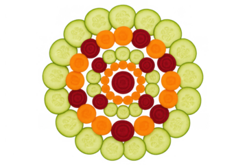 Healthy eating vegetable mandala art with sliced cucumber, carrot, and beetroot, creating a beautiful pattern on transparent background