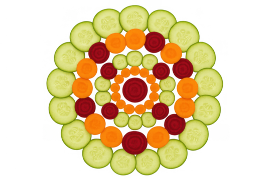 Healthy eating vegetable mandala art with sliced cucumber, carrot, and beetroot, creating a beautiful pattern on transparent background