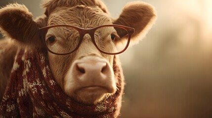 Close-up of a brown cow wearing glasses, looking directly at the camera with a serious expression, in warm sunlight.