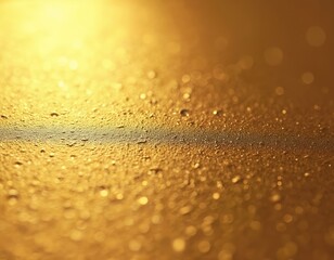Golden surface with water droplets in soft focus. Close-up abstract texture with bokeh lights. Warm illuminated background with subtle ripples and shine. Reflective pattern with liquid elements.