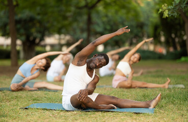 Naklejka premium Sporty African American in comfortable white sportswear practicing hatha yoga during group class on green lawn in summer park, sitting on mat and doing stretching in Parivrtta Janu Sirsasana asana