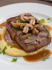 Gourmet Grilled Beef Steak Fillet Served on Mashed Potatoes with Mushroom Gravy and Garnish