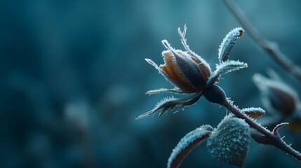 Close-up of a delicate rosebud covered in frost, showcasing the intricate details of ice crystals on its petals and leaves against a soft, blurred background.