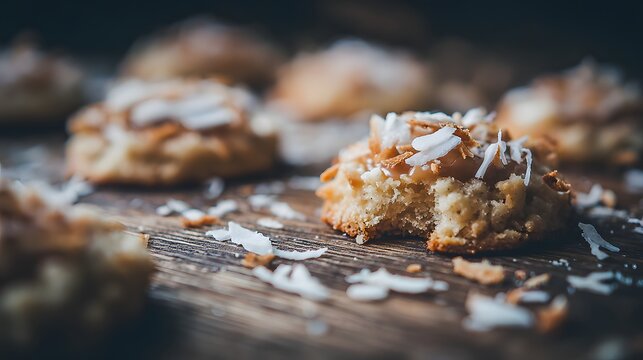 Close-up of a delicious homemade coconut macaroon on a rustic wooden surface, with more blurred macaroons in the background.