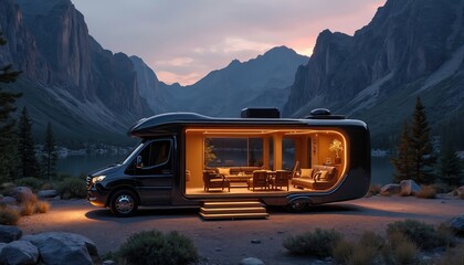 Luxury motorhome parked in mountains at dusk. Interior lights on, showing modern living room, dining area. Rocky landscape, lake in background. Vehicle on dirt road surrounded by trees, rocks.