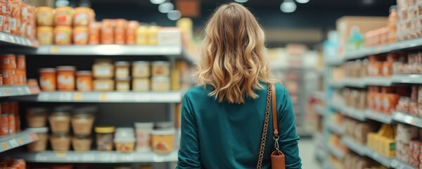 Woman walks down grocery store aisle selecting products from shelves. Female shopper looks for food items in supermarket. Person buys groceries, shops for fresh produce and goods.