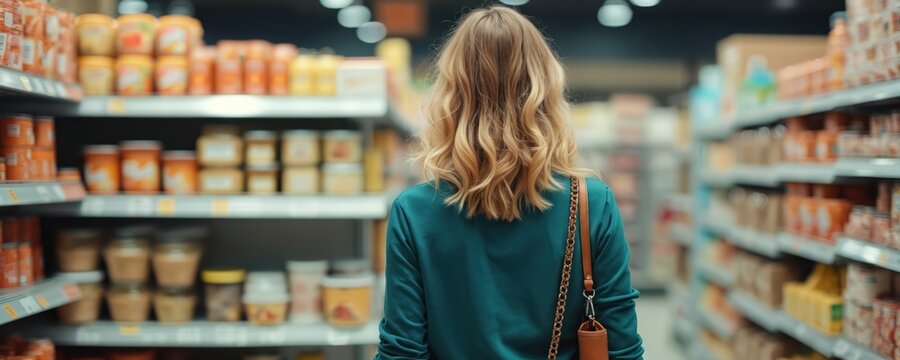 Woman walks down grocery store aisle selecting products from shelves. Female shopper looks for food items in supermarket. Person buys groceries, shops for fresh produce and goods.