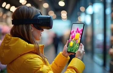 Woman in yellow jacket wears VR headset and holds tablet showing colorful tulips. She interacts with digital flowers in a modern retail or exhibition space, exploring virtual reality.