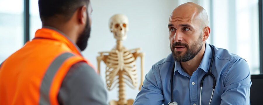 Occupational health specialist discusses workplace safety with worker. Doctor consults employee about ergonomics at work. Focus on injury prevention. Health expert helps construction worker with - Powered by Adobe