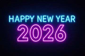 Happy new year 2026 neon sign glowing on brick wall