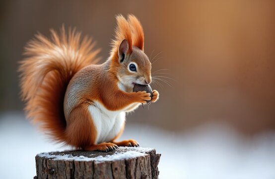 Eurasian red squirrel eating nut on wooden stump. Cute rodent with fluffy tail in natural environment. Wild animal with brown fur and white chest on blurred background.