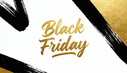 High resolution modern minimalist Black Friday greeting card with luxurious golden lettering on textured background with black and gold brush strokes, elegant promotional holiday design for banners