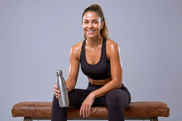 Mujer sonriente descansando despu&eacute;s del entrenamiento con botella de agua