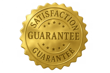 Golden satisfaction guarantee seal with stars, promising quality, trust, and customer service on transparent background