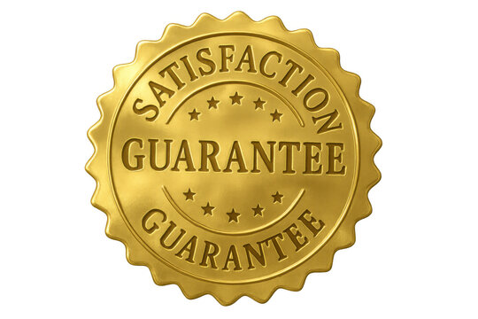 Golden satisfaction guarantee seal with stars, promising quality, trust, and customer service on transparent background