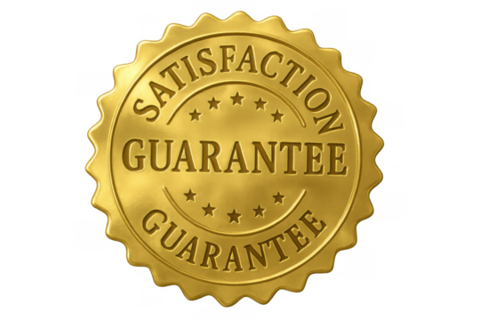 Golden satisfaction guarantee seal with stars, promising quality, trust, and customer service on transparent background