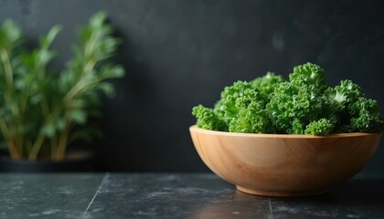 Wooden bowl holds fresh green kale on dark counter. A potted plant sits nearby, adding life to clean minimalist kitchen scene. Food preparation concept.