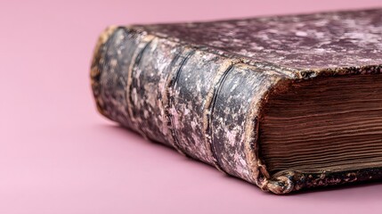 Close-up of an old, worn book with a textured cover on a pink background, showcasing its aged spine and pages.