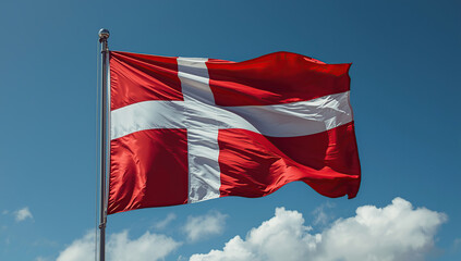 A vibrant Danish national flag (Dannebrog) waving in the wind against a bright blue sky