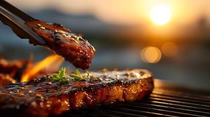 Grilled steak being lifted with tongs, showcasing juicy texture and glaze, with sunset backdrop creating warm ambiance and highlighting outdoor cooking experience