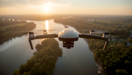 A drone flying above a wide river at sunset, capturing the landscape