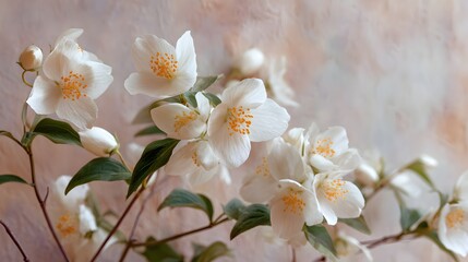 Obraz premium Close-up of delicate white jasmine flowers blooming on a branch with soft background light.
