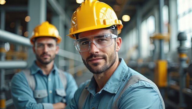 Two male workers in hard hats and safety glasses stand in an industrial facility. They wear blue shirts and look seriously towards camera. Machinery and pipes are visible in background. - Powered by Adobe