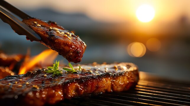 Grilled steak being lifted with tongs, showcasing juicy texture and glaze, with sunset backdrop creating warm ambiance and highlighting outdoor cooking experience