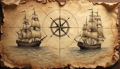 Old hand drawn map shows sailing ships navigating across blue ocean sea with compass rose. Nautical chart depicts ancient voyage and pirate quest. Vintage maritime adventure.