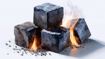 Fototapeta premium Blackened ice cubes are melting and burning, creating a striking contrast of fire and ice, showcasing the dynamic interaction of heat and cold in a visually captivating scene