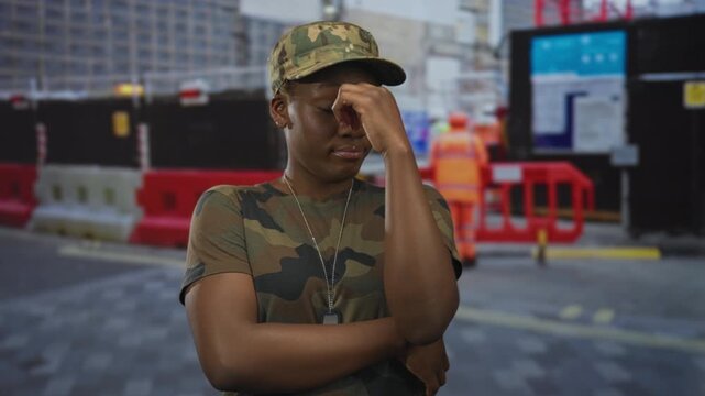 Woman soldier in camouflage uniform and cap pinches nose on street beside construction barriers; concern.