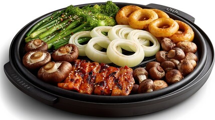 Grilled vegetables and marinated chicken on a sizzling platter, featuring vibrant broccoli, mushrooms, and onions, creating a delicious and colorful culinary presentation