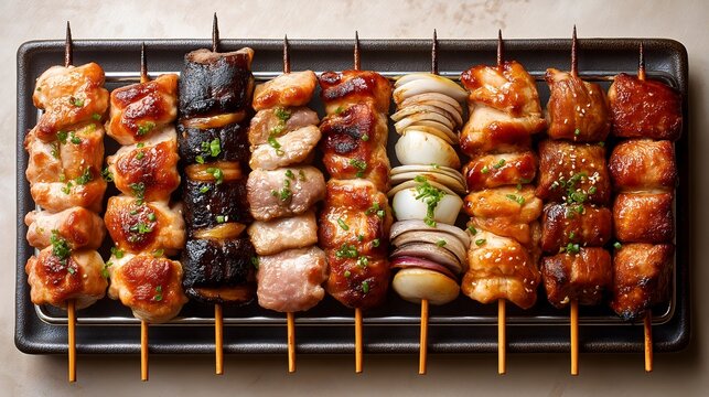 Grilled skewers featuring assorted meats and vegetables, beautifully arranged on a black plate, showcasing vibrant colors and appetizing textures for culinary enthusiasts and food lovers