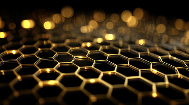Modern futuristic background featuring a golden hexagon grid on a dark surface, combining luxury black and gold tones with abstract geometric patterns for high-tech and elegant visuals.
