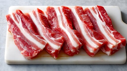 Fresh cuts of pork belly arranged neatly on a white cutting board, showcasing marbled texture and vibrant colors, ideal for culinary presentations and gourmet recipes