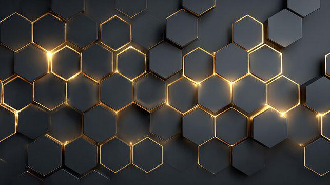 Modern futuristic background featuring a golden hexagon grid on a dark surface, combining luxury black and gold tones with abstract geometric patterns for high-tech and elegant visuals.
