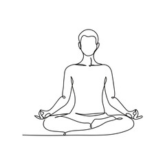 A minimal continuous one line drawing of a person sitting in a lotus yoga pose, representing meditation, mindfulness, calmness, and a modern healthy lifestyle.