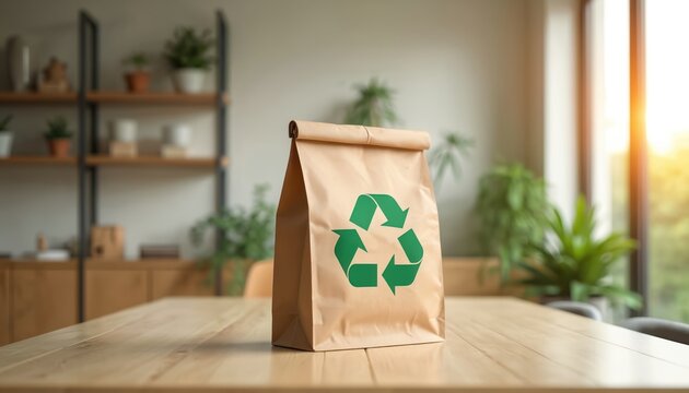 Brown paper bag with green recycling symbol sits on wooden table. Interior background with shelves and plants. Natural light streams from window, suggesting eco-friendly lifestyle. - Powered by Adobe